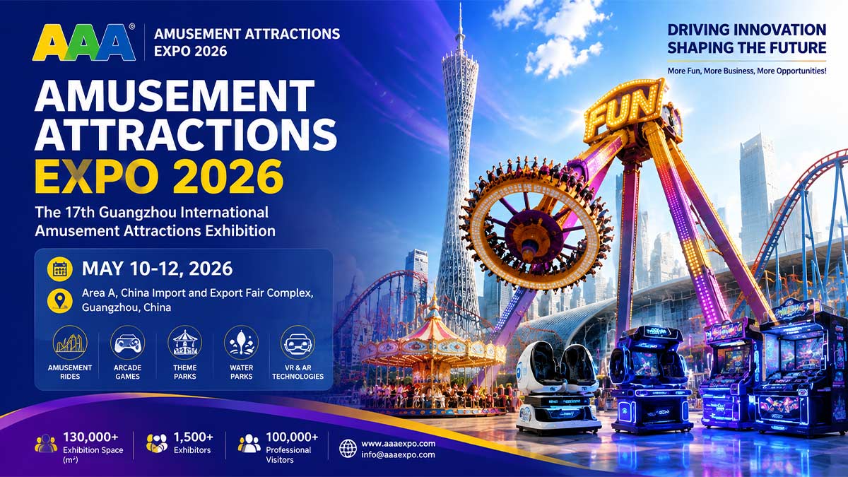 Affiche officielle de l'exposition 2026 AAA Amusement Attractions Expo à Guangzhou, en Chine, présentant des manèges à sensations fortes comme le pendule géant.