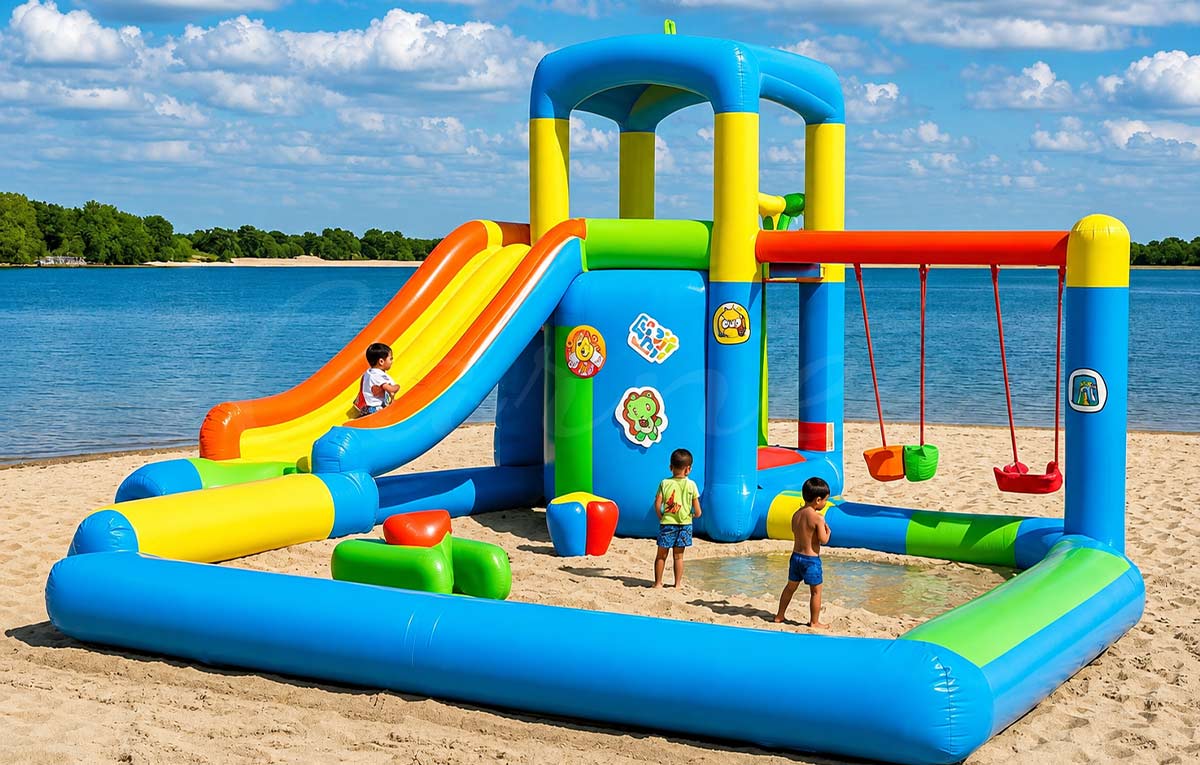 Castillo hinchable para parque de atracciones familiar junto al mar en Filipinas, adecuado para complejos turísticos de playa, zonas de juegos infantiles y proyectos de ocio costero al aire libre.