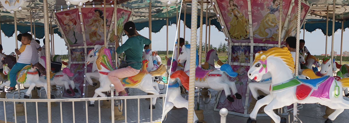 Paseo en carrusel para niños en una zona de ocio familiar de un balneario de Filipinas, con coloridos asientos para los caballos, vallas de seguridad y atracciones para niños.
