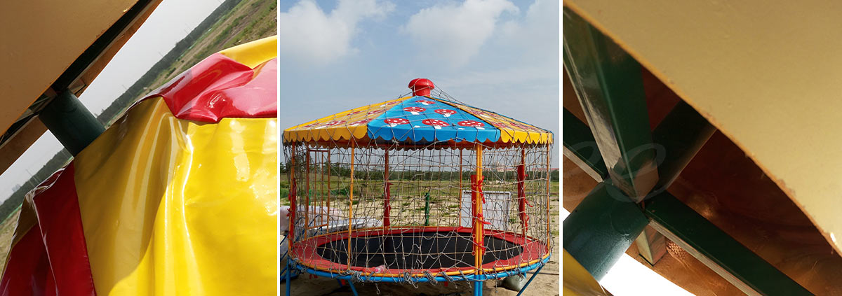 Detalles de la instalación de una atracción de carrusel para un proyecto de atracciones en un balneario de Filipinas, mostrando la estructura exterior, los materiales del toldo y la instalación de la red de seguridad para atracciones familiares costeras.