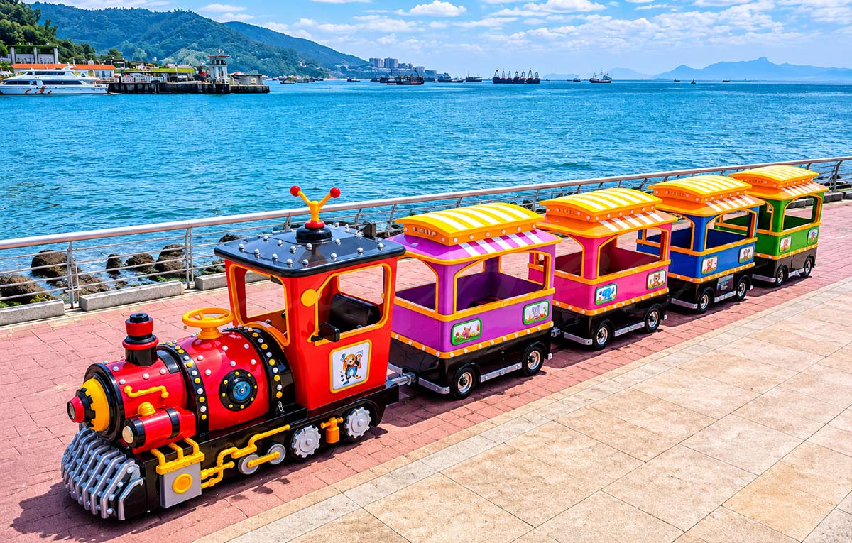 Tren sin rieles de 16 personas para proyecto de atracciones de balneario de Filipinas, adecuado para atracciones turísticas costeras, zonas de entretenimiento familiar y atracciones infantiles al aire libre.