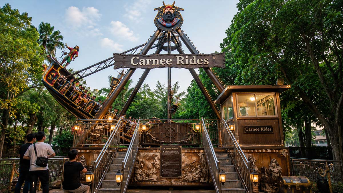 لعبة «كارني رايدز» (Carnee Rides) على شكل سفينة قراصنة تجارية تعمل مع الركاب في متنزه ترفيهي في الهواء الطلق، وتضم منصات وأسوار أمان