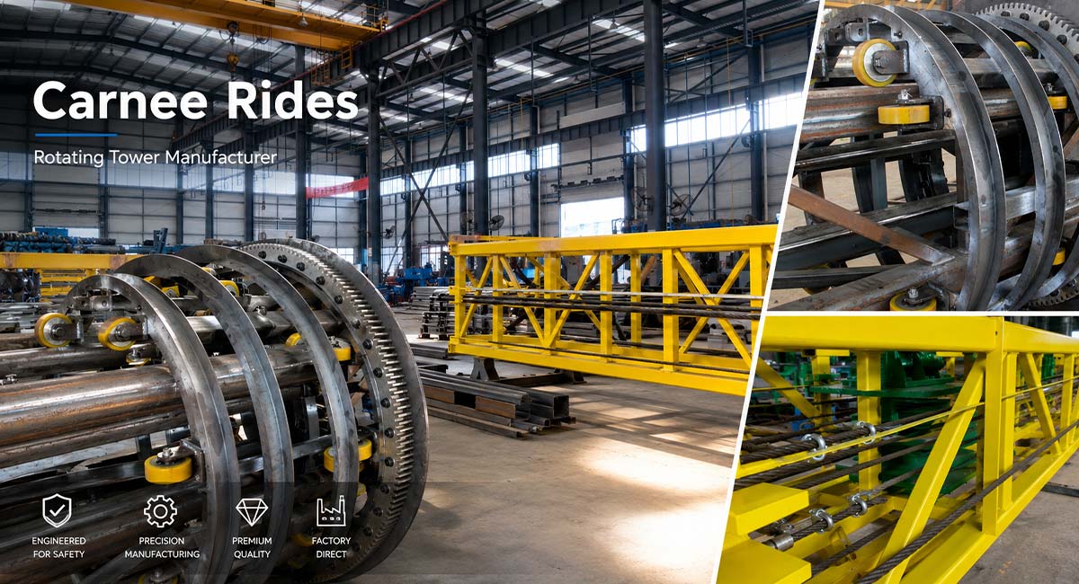 Usine du fabricant de tours rotatives pour manèges « Carnee Rides » présentant des composants de tours en acier, un assemblage mécanique circulaire, une structure en treillis jaune et la production de manèges de précision