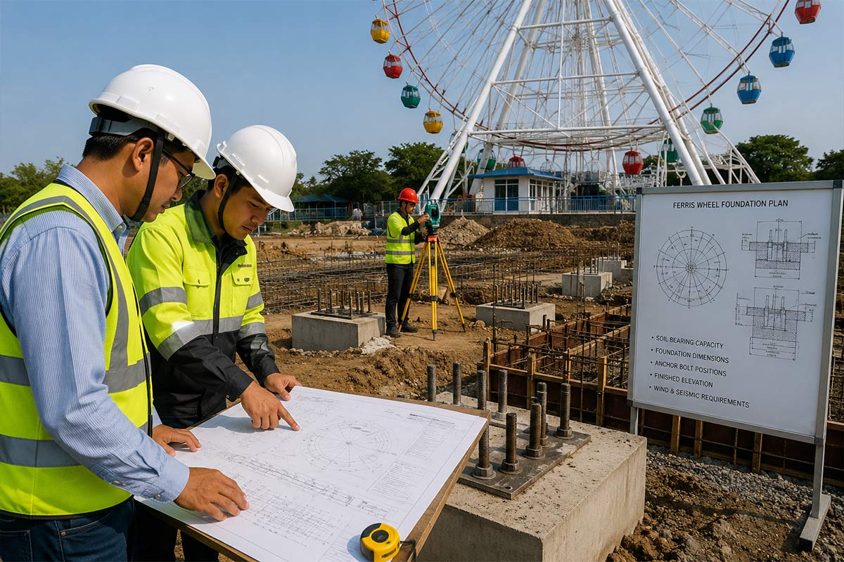 يقوم المهندسون بمراجعة رسومات أساسات عجلة فيريس، ومواقع التثبيت، وبيانات مسح الموقع قبل التركيب
