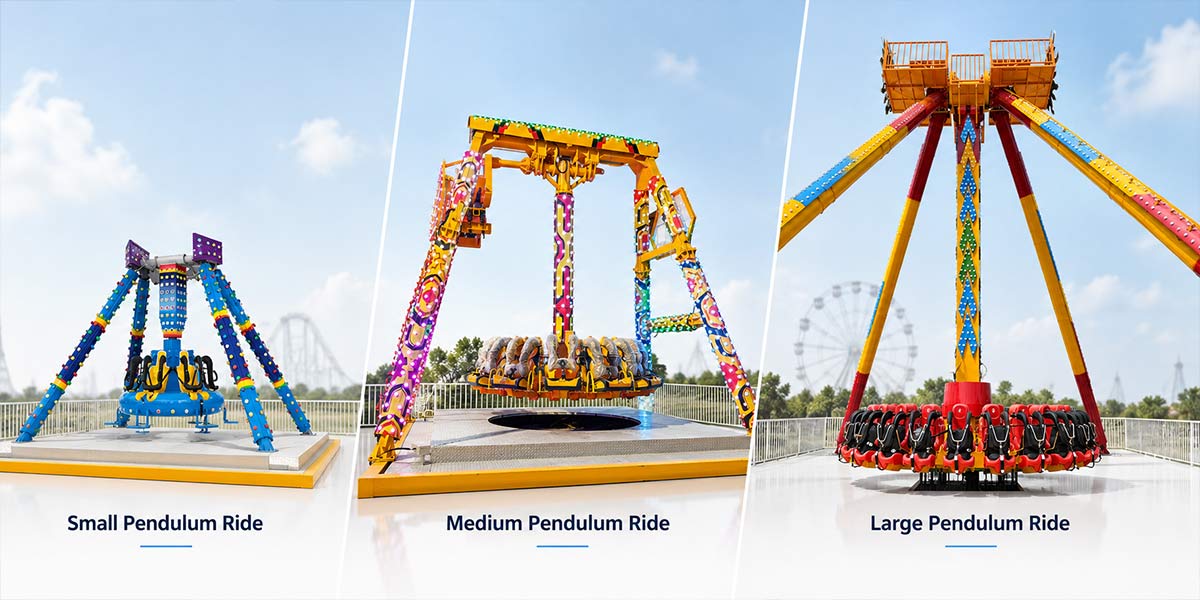Comparaison des tailles (petite, moyenne et grande) des manèges à pendule destinés aux parcs d'attractions, aux centres de loisirs familiaux (FEC), aux complexes touristiques et aux parcs à thème